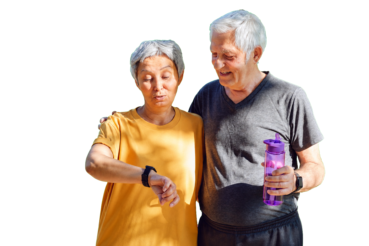Two study participants checking their smartwatches while walking outdoors.